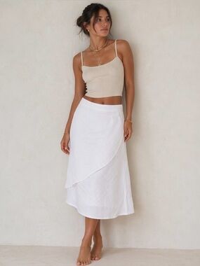 Flax Size Small 100% Linen Faux Wrap Pull On Skirt in White